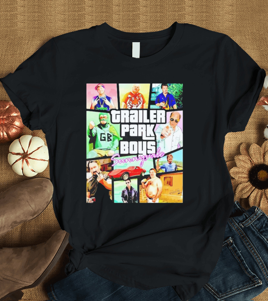 Trailer Park Boys Sunnyvale Collage of Characters and Car in Vibrant Colors T-Shirt