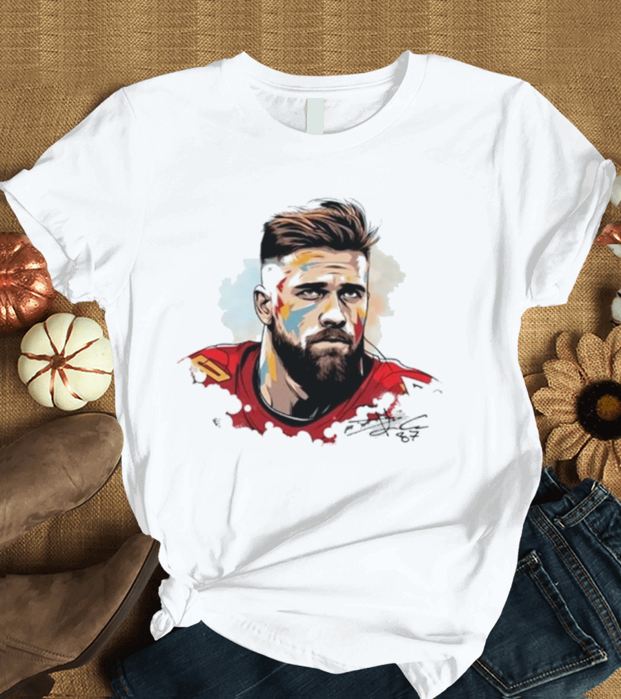 Travis Kelce Signed Portrait Artwork in Red Jersey T-Shirt