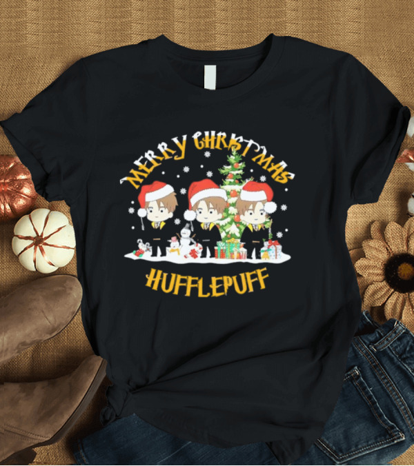 T-Shirt: Merry Christmas Hufflepuff Characters with Santa Hats and Christmas Tree T-Shirt Merry Christmas Hufflepuff Characters with Santa Hats and Christmas Tree T-Shirt