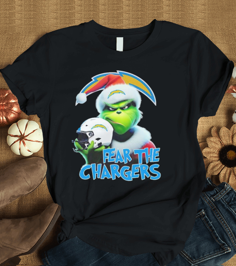 Grinch Santa Holding Los Angeles Chargers Helmet Fear the Chargers T-Shirt
