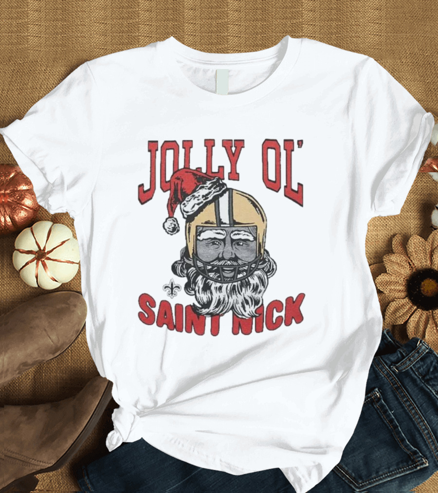 New Orleans Saints Jolly Ol’ Saint Nick with Santa Hat and Fleur-de-Lis Football Helmet Christmas T-Shirt