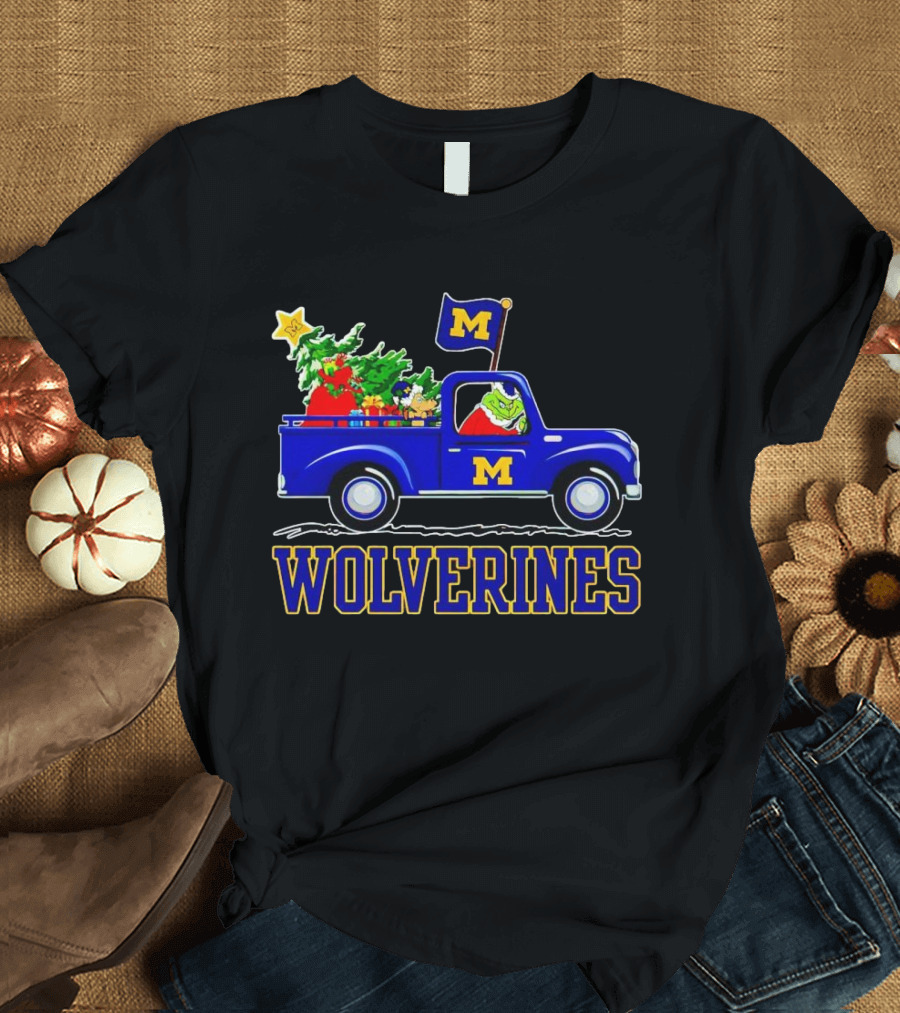 Grinch Driving Blue Wolverines Truck with Christmas Tree Michigan Football T-Shirt
