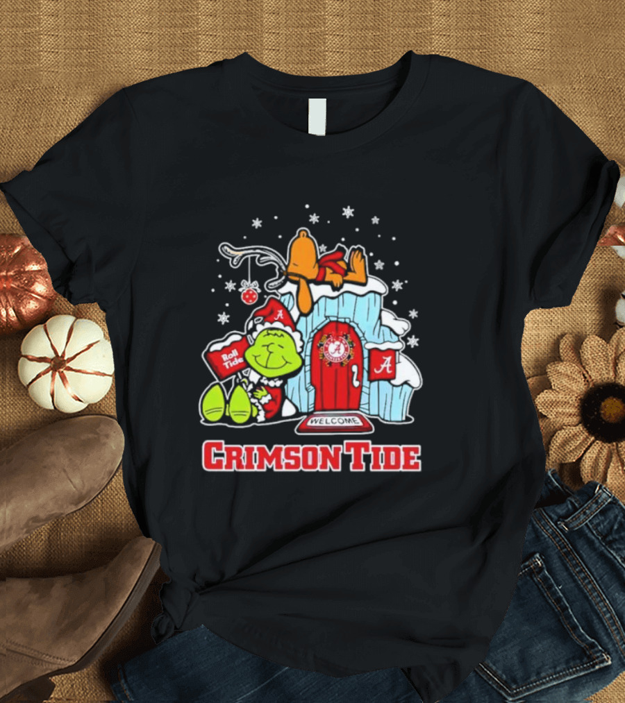 Alabama Crimson Tide Grinch and Snoopy Welcome Merry Xmas T-Shirt