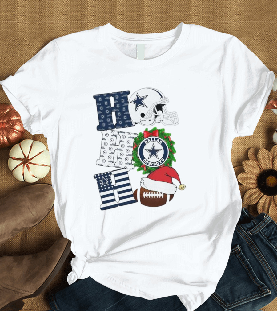Dallas Cowboys Helmet Wreath Football Christmas Ho Ho Ho Merry Christmas T-Shirt
