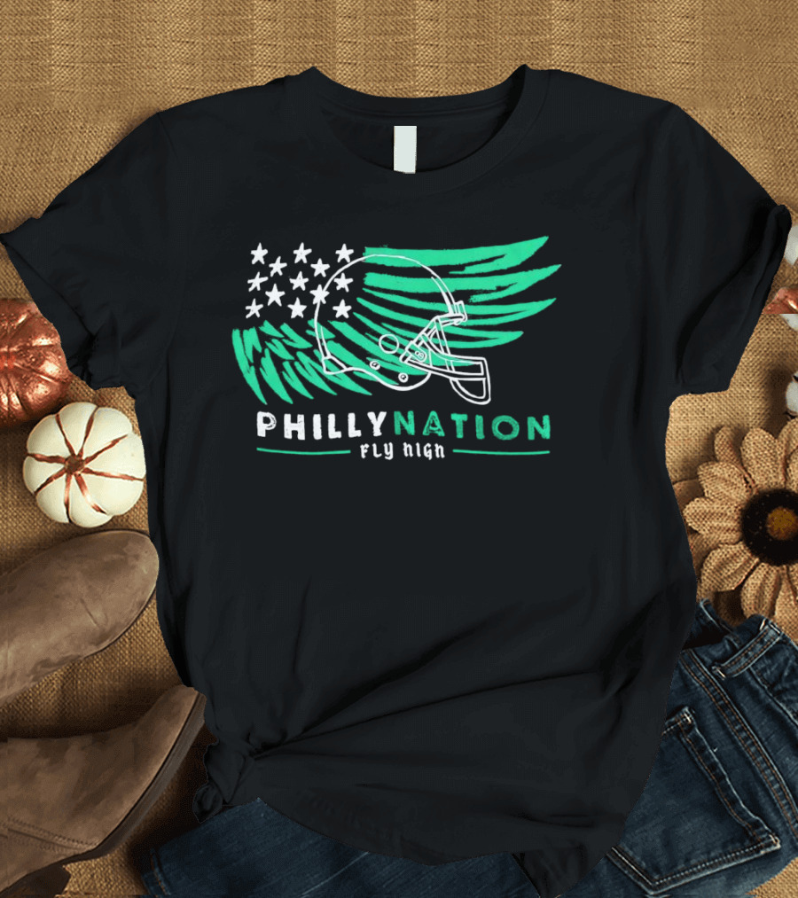 Philly Nation Fly High Philadelphia Eagles Football Helmet Stars Stripes T-Shirt