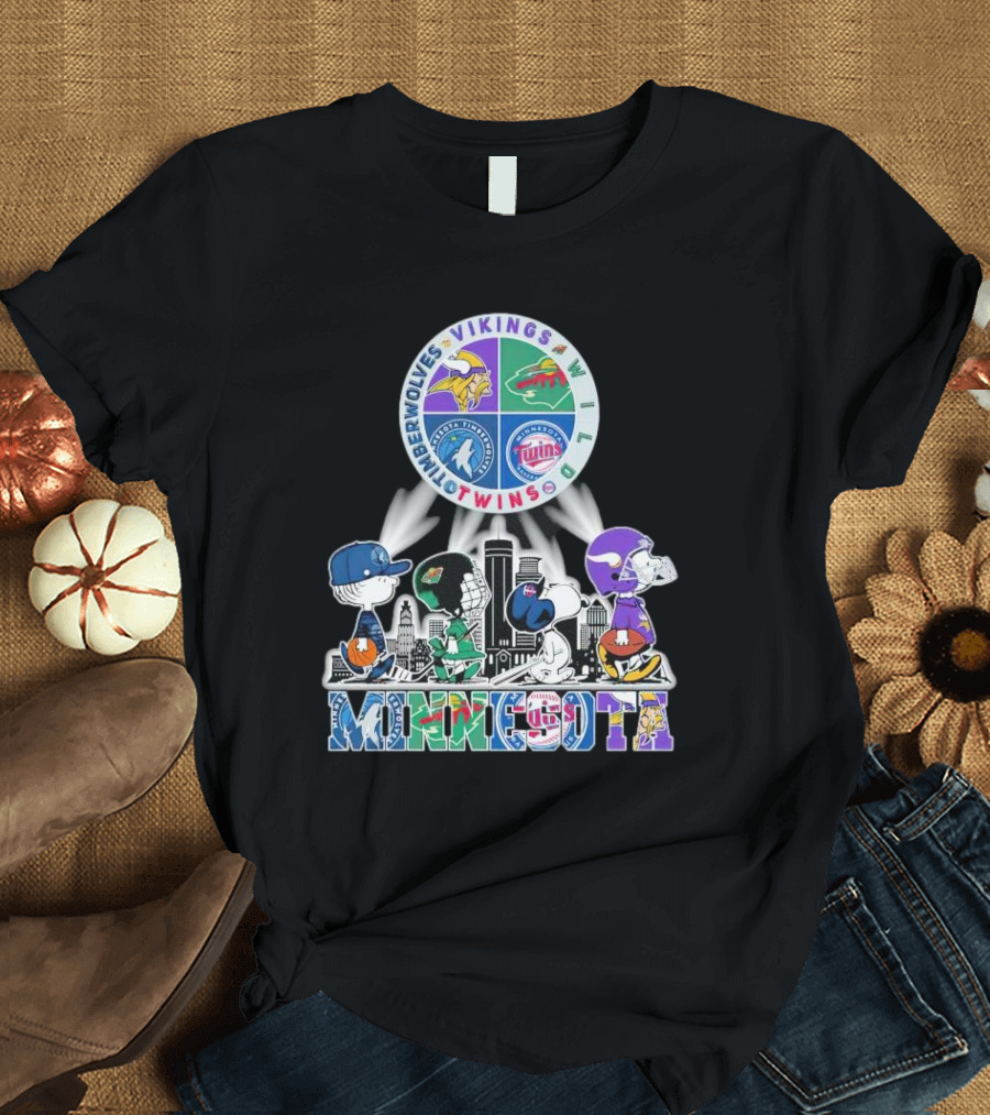 Peanuts Characters Minnesota Vikings Timberwolves Wild Twins Walking in Minnesota T-Shirt