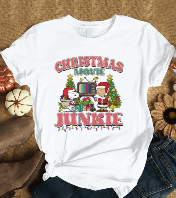 T-Shirt: Snoopy and Charlie Brown Christmas Movie Junkie with TV and Gifts T-Shirt Snoopy and Charlie Brown Christmas Movie Junkie with TV and Gifts T-Shirt