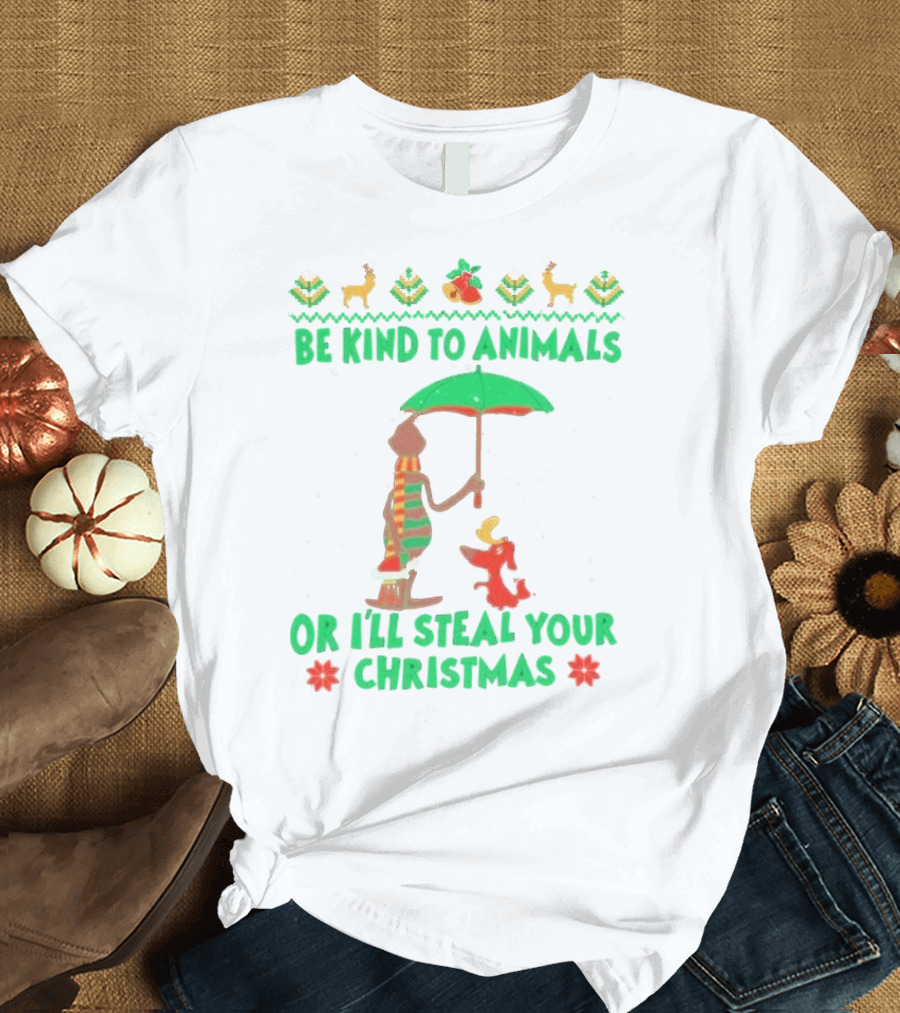 Be Kind to Animals or I’ll Steal Your Christmas Grinch and Dog with Holiday Symbols T-Shirt