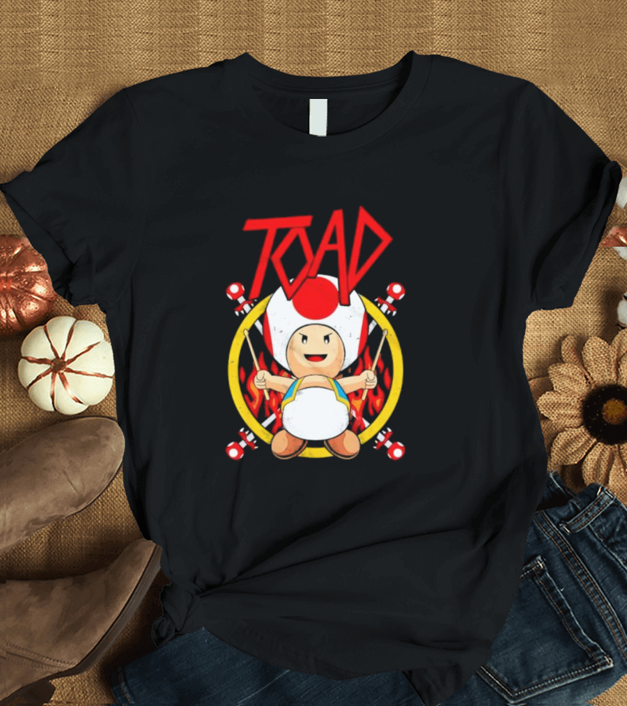 TOAD Heavy Metal Mushroom Drummer with Drumsticks and Flames Background T-Shirt
