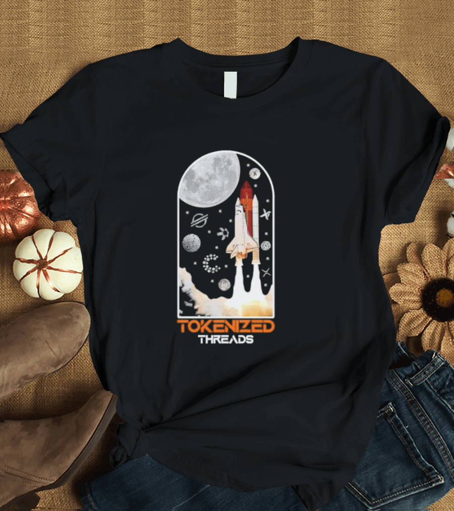 Tokenized Threads Space Shuttle Launch Under Moon with Planets and Stars T-Shirt