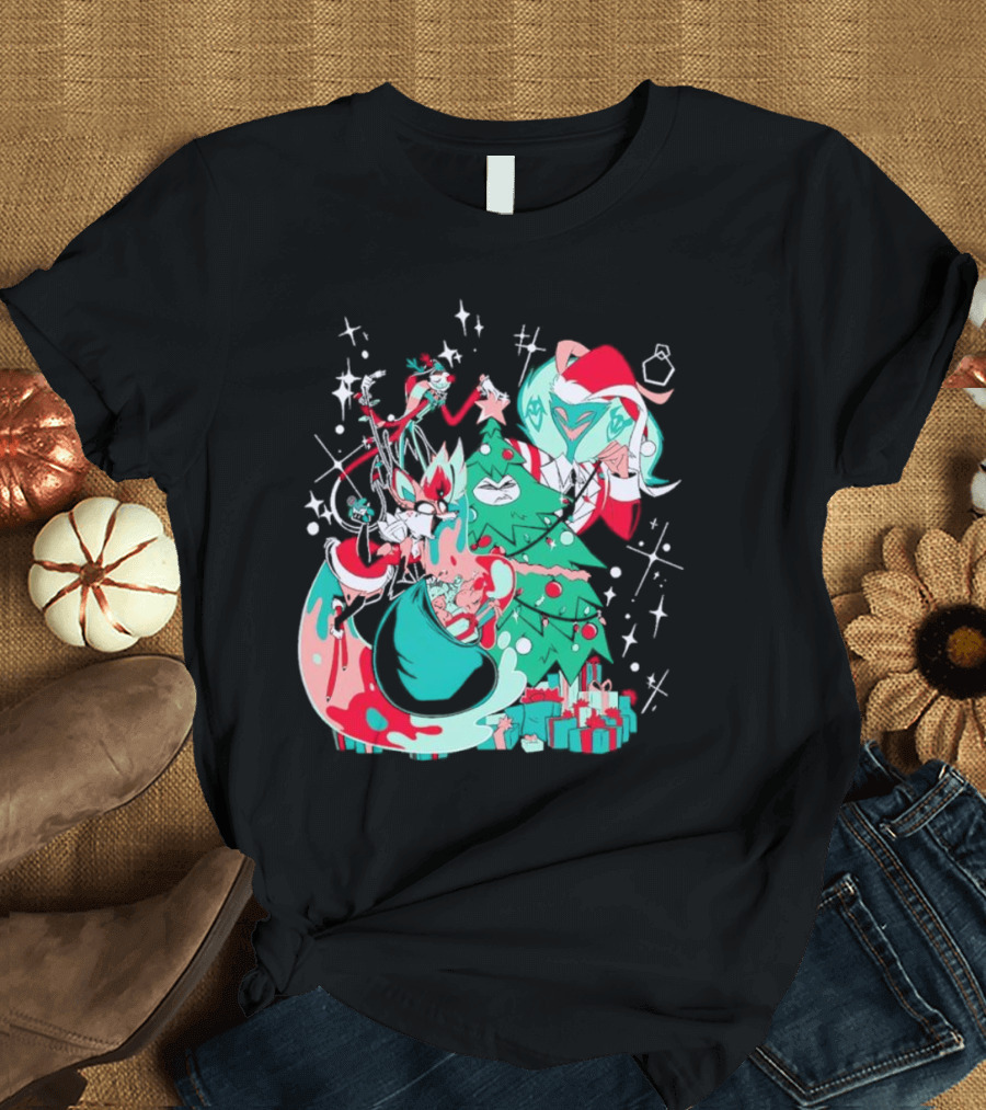 Shark Robot Sinful Holiday Christmas Hazbin Hotel Festive Tree And Characters T-Shirt