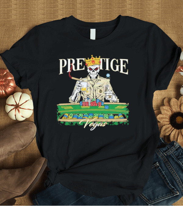 T-Shirt: Prestige Vegas Skeleton with Crown and Poker Table T-Shirt Prestige Vegas Skeleton with Crown and Poker Table T-Shirt