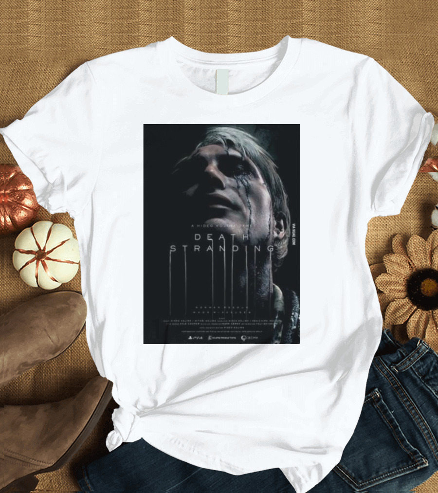 A Hideo Kojima Game Death Stranding Poster with Actor's Face and Title in Dripping T-Shirt