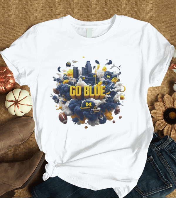 T-Shirt: Go Blue Michigan Wolverines City Skyline Football Elements T-Shirt Go Blue Michigan Wolverines City Skyline Football Elements T-Shirt