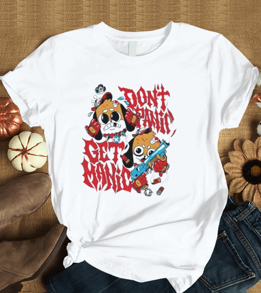 Don’t Panic Get Manic Cartoon Bears in Red and Black with Blue Gun T-Shirt