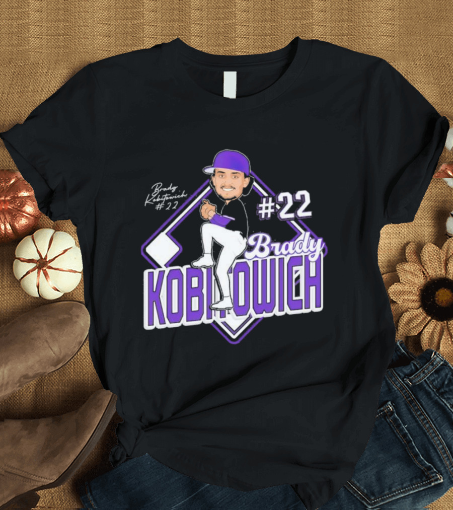 Brady Kobitowich #22 Baseball Cartoon Character Purple Cap 2023-2024 T-Shirt