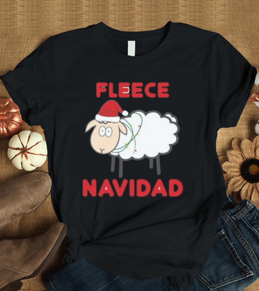 Fleece Navidad Christmas Sheep with Santa Hat and Festive Lights T-Shirt