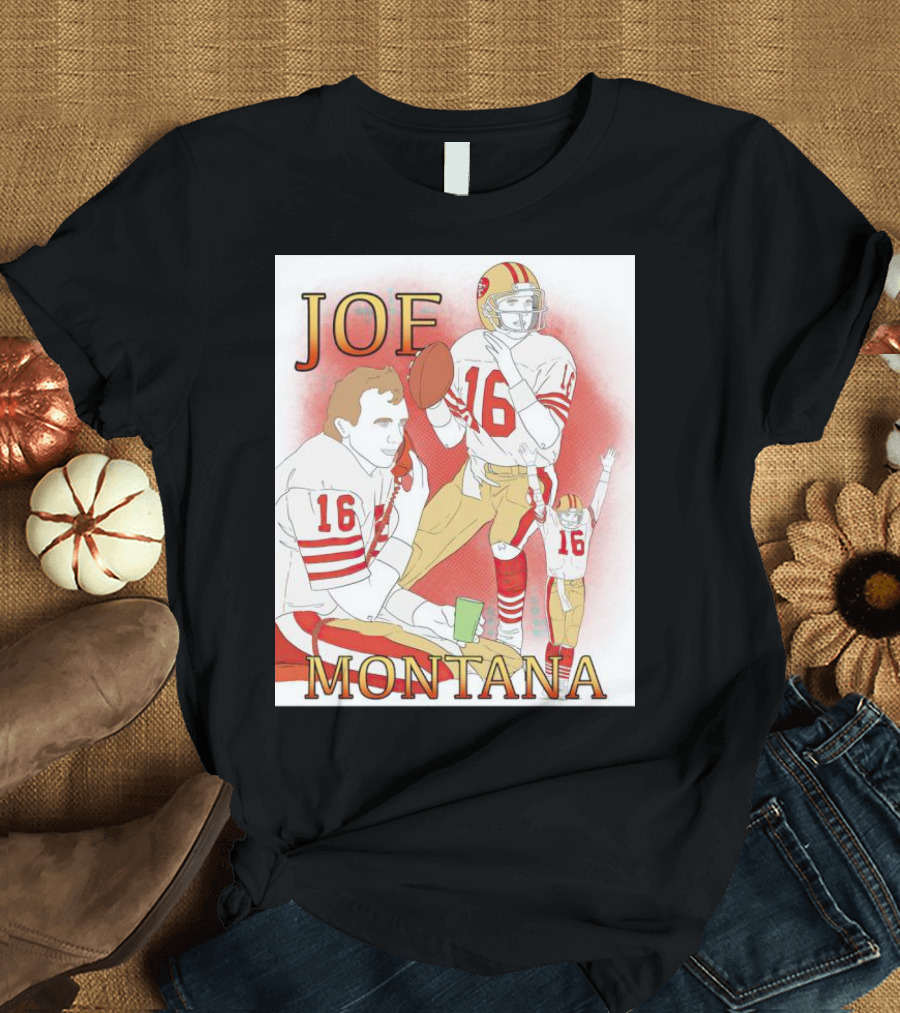Joe Montana Football Quarterback Collage 16 Red and Gold T-Shirt