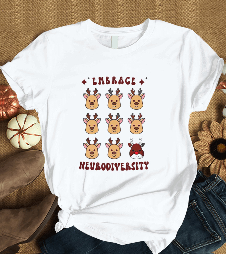 Embrace Neurodiversity Reindeer Faces Red Nose T-Shirt