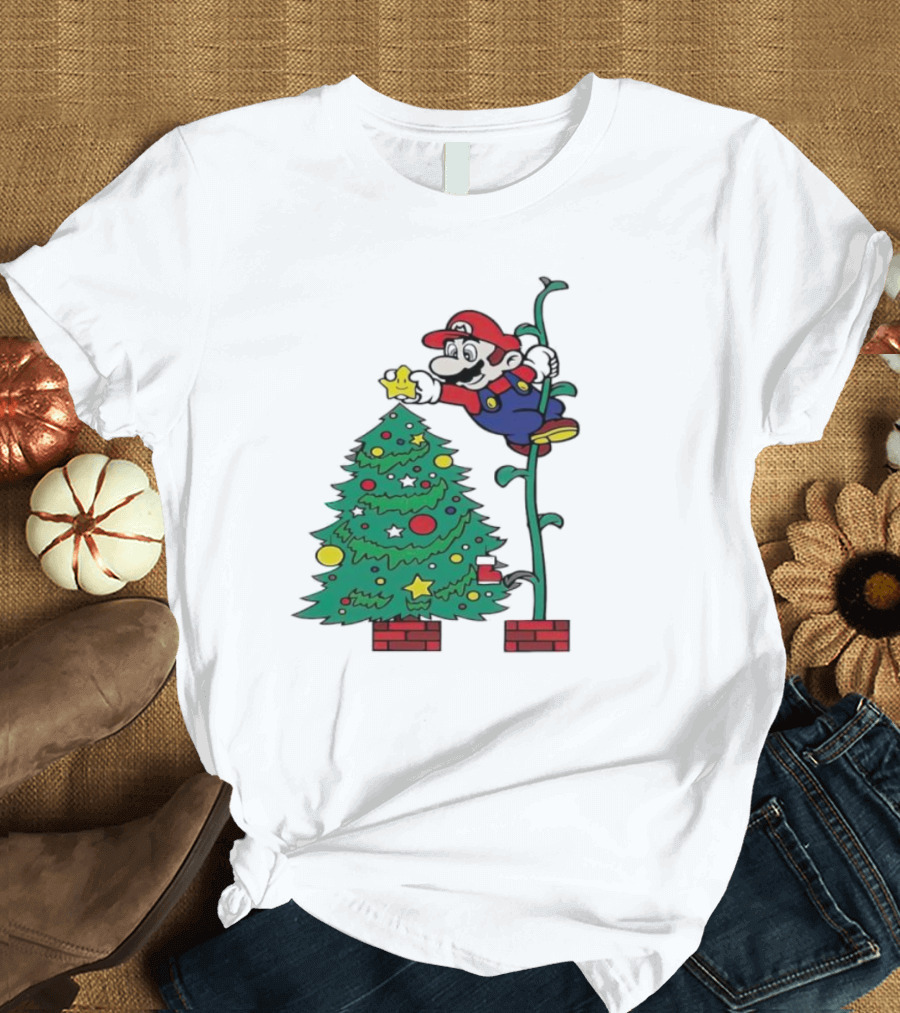 Super Mario Decorating Christmas Tree with Power-Up Star and Brick Blocks T-Shirt