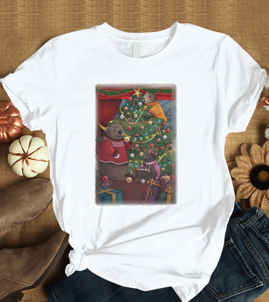 Tazz Talks Christmas Tree Celebrations with Adorable Bear Family Holiday Scene T-Shirt
