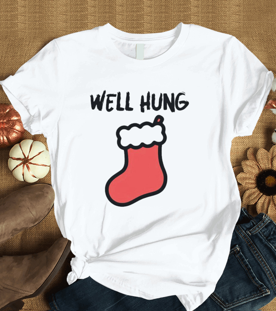 Well Hung Red Christmas Stocking Holiday Pun T-Shirt