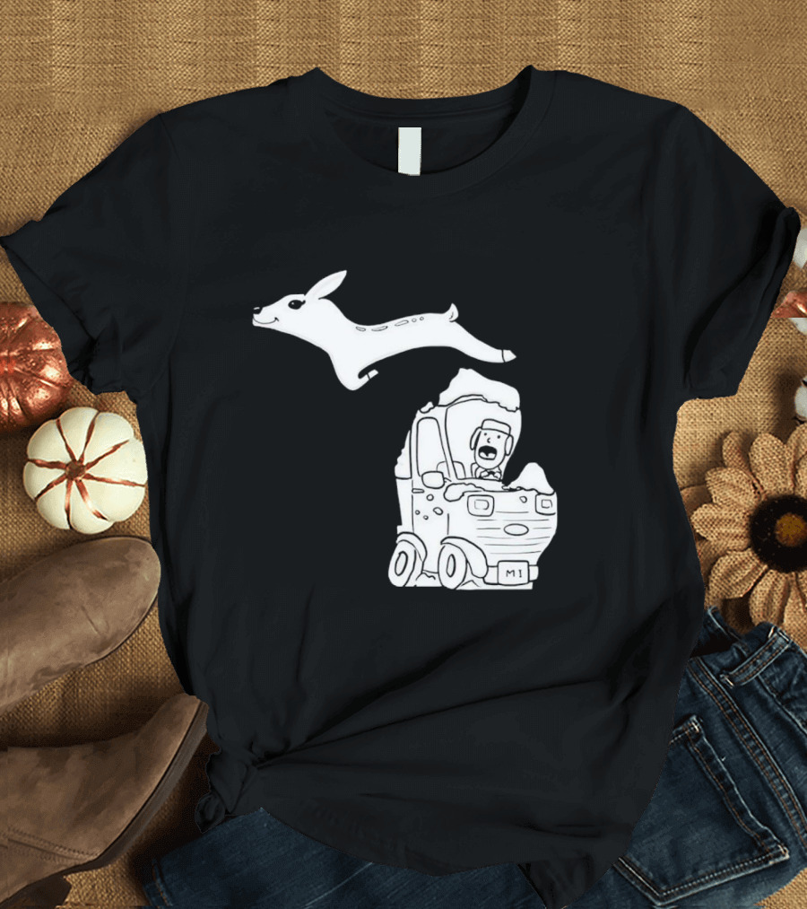 Michigan Deer Leaping Over Snowy Car with Driver T-Shirt