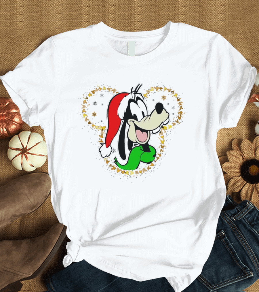 Santa Goofy with Red Hat in Gold Mickey Mouse Outline Christmas T-Shirt