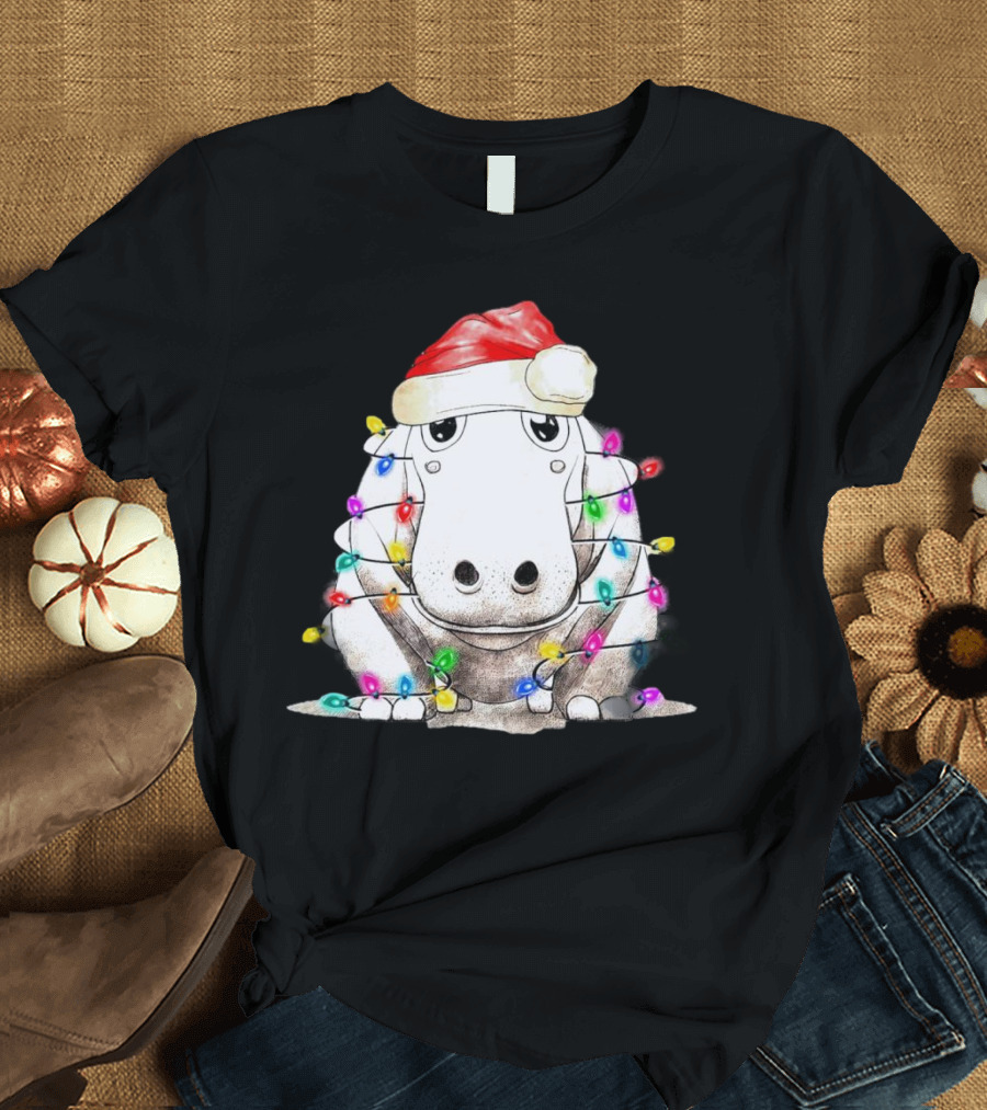 Santa Hippo Wrapped in Christmas Lights with Santa Hat T-Shirt