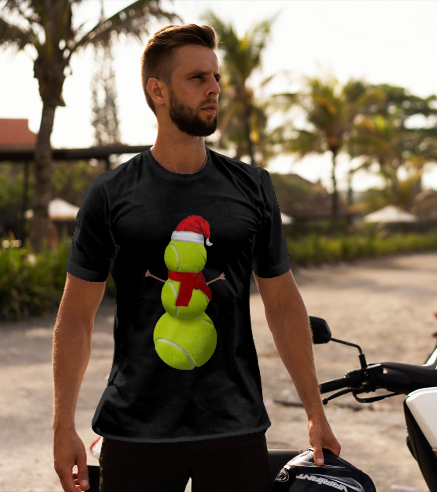 Tennis Ball Snowman With Santa Hat And Scarf Merry Christmas T-Shirt