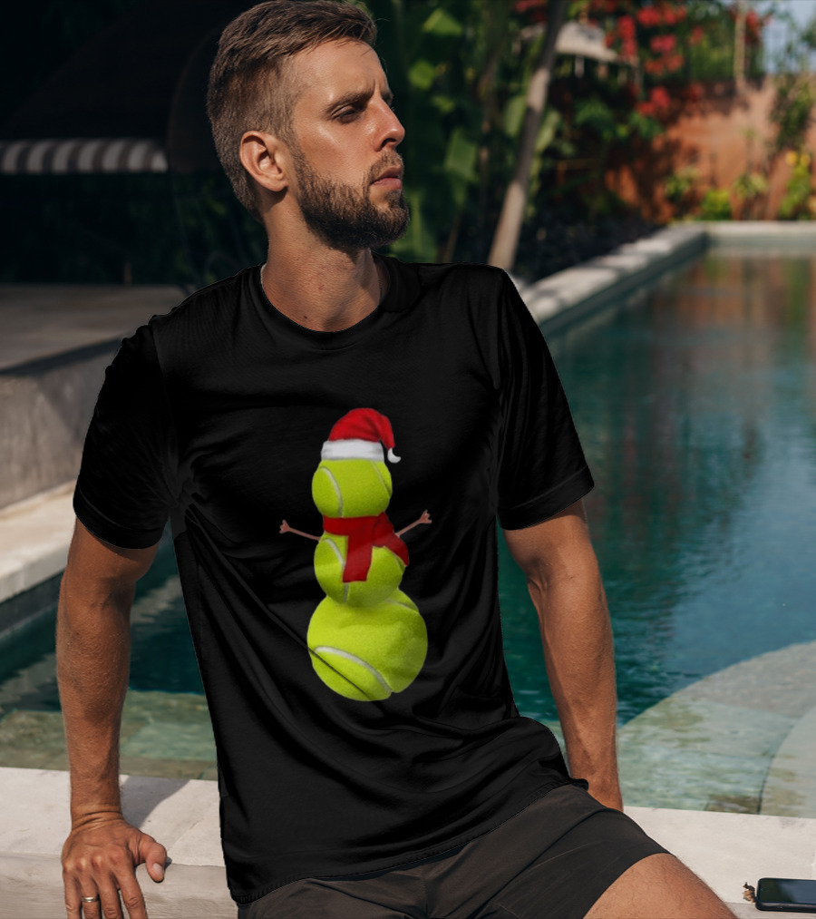 Tennis Ball Snowman With Santa Hat And Scarf Merry Christmas T-Shirt