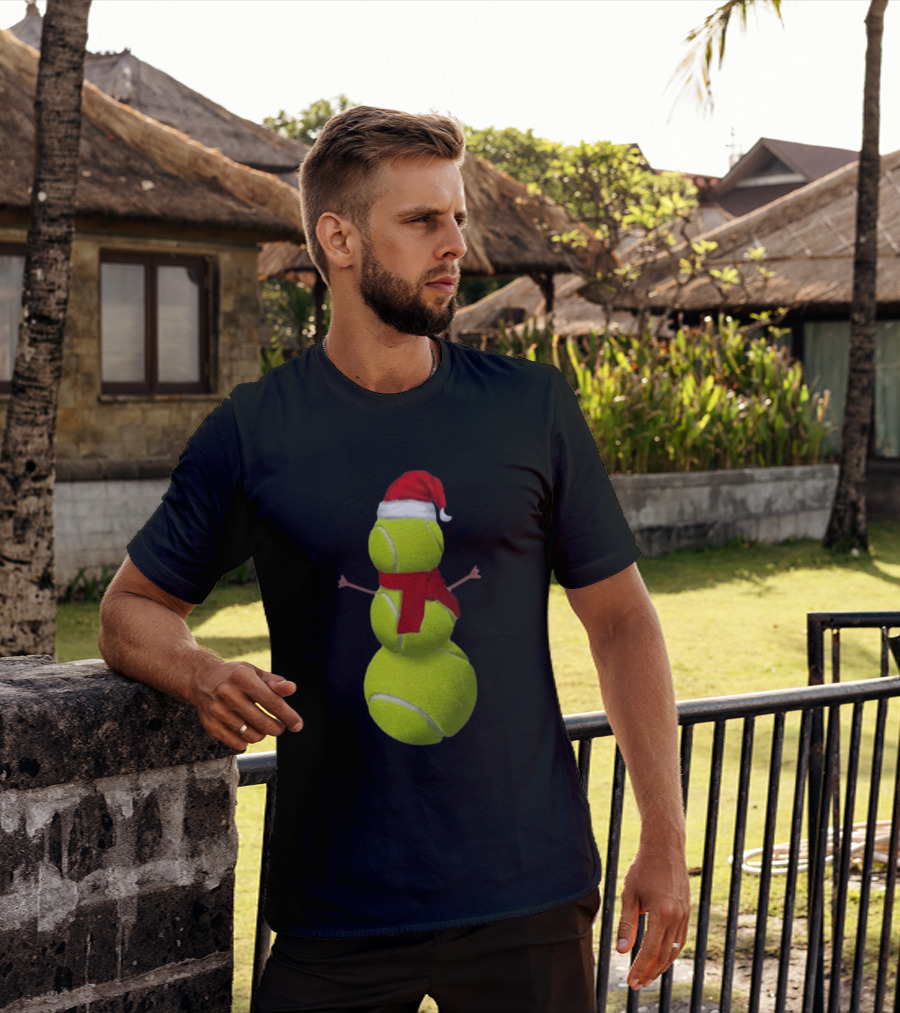 Tennis Ball Snowman With Santa Hat And Scarf Merry Christmas T-Shirt