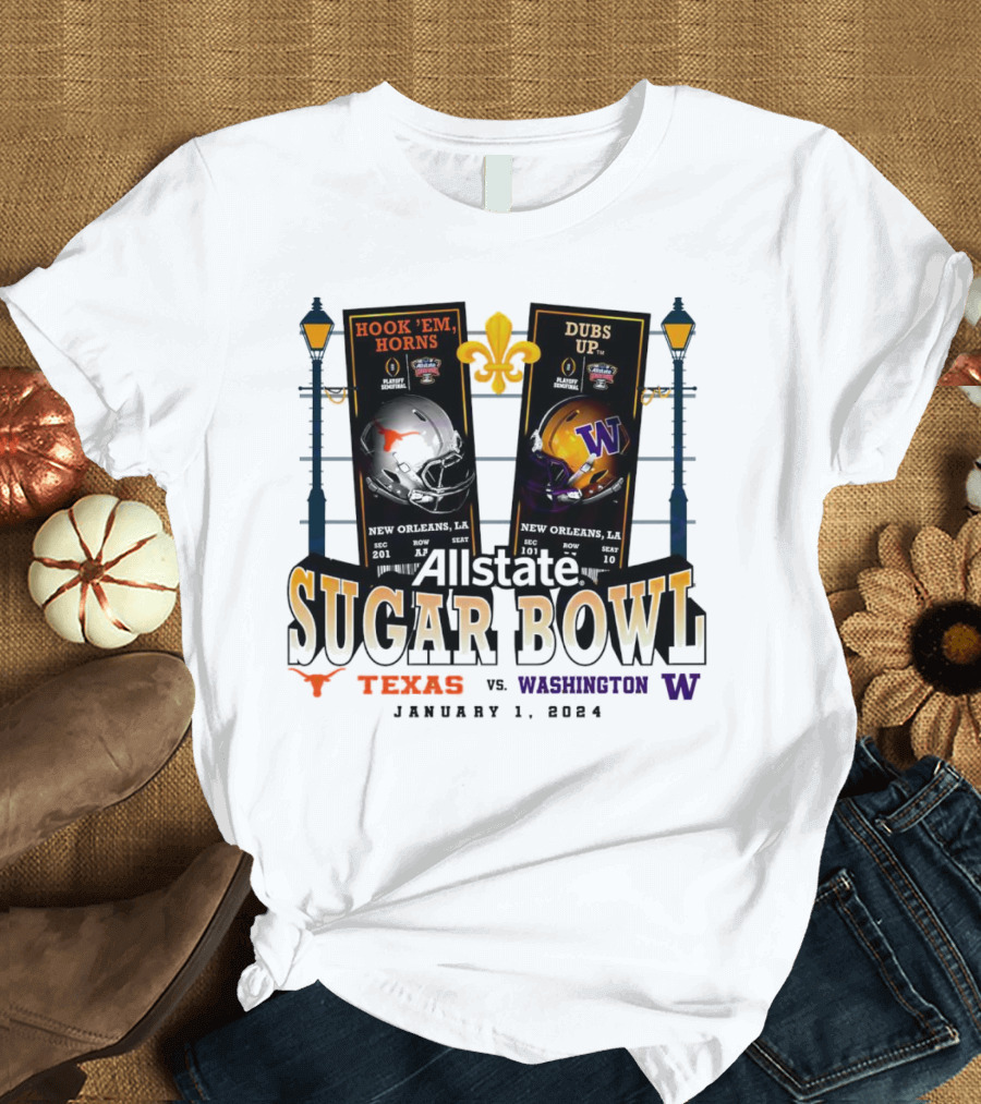 Allstate Sugar Bowl January 1 2024 Washington Huskies vs Texas Longhorns Hook 'Em Horns Dubs Up New Orleans T-Shirt