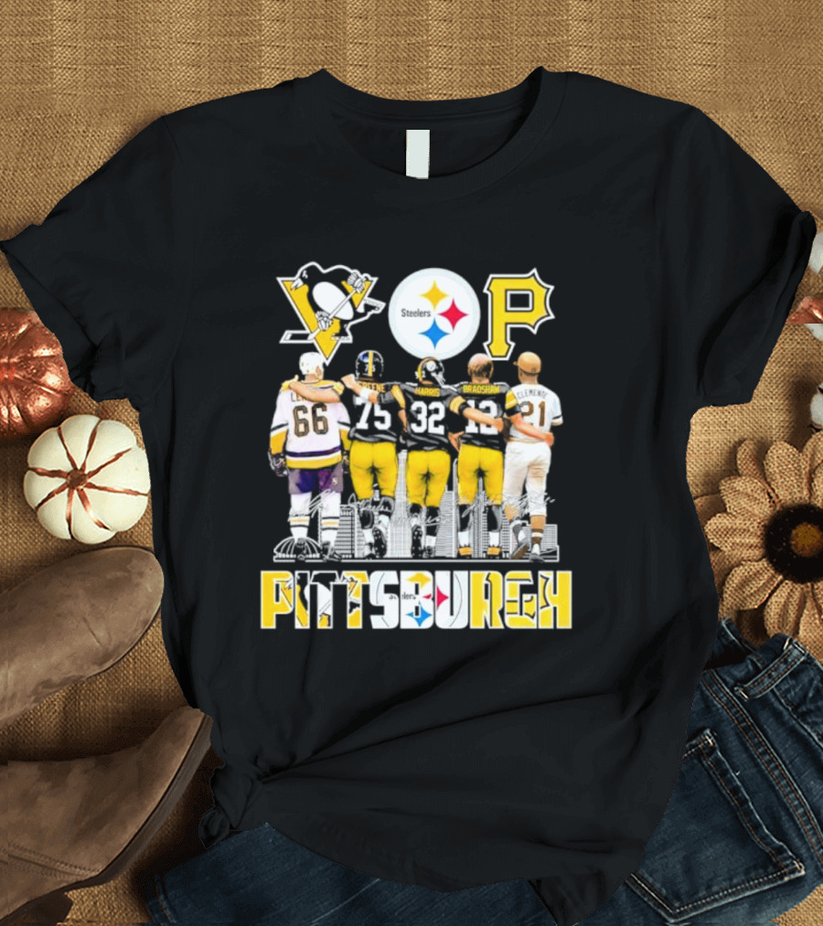 Pittsburgh Steelers Penguins Pirates Mario Lemieux Kevin Greene Franco Harris Terry Bradshaw Signatures T-Shirt