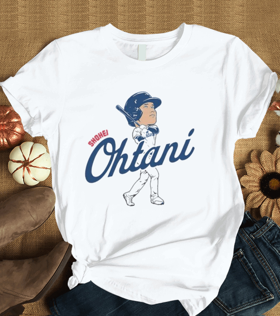 Shohei Ohtani Baseball Caricature with Blue Helmet and Batting Pose T-Shirt