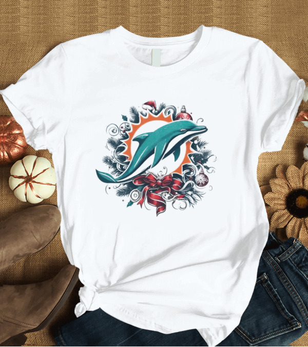 T-Shirt: Miami Dolphins Holiday Wreath Christmas Ornament Bow T-Shirt Miami Dolphins Holiday Wreath Christmas Ornament Bow T-Shirt