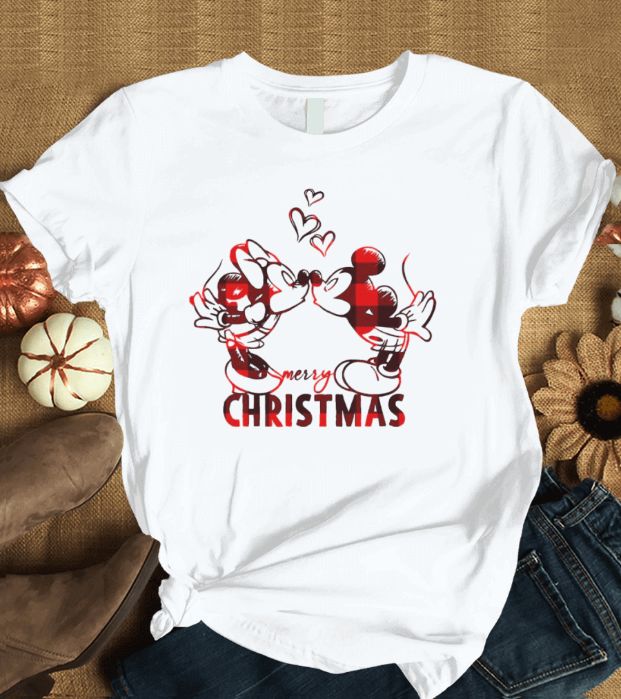 Mickey Minnie Kissing Merry Christmas Hearts Red Plaid T-Shirt