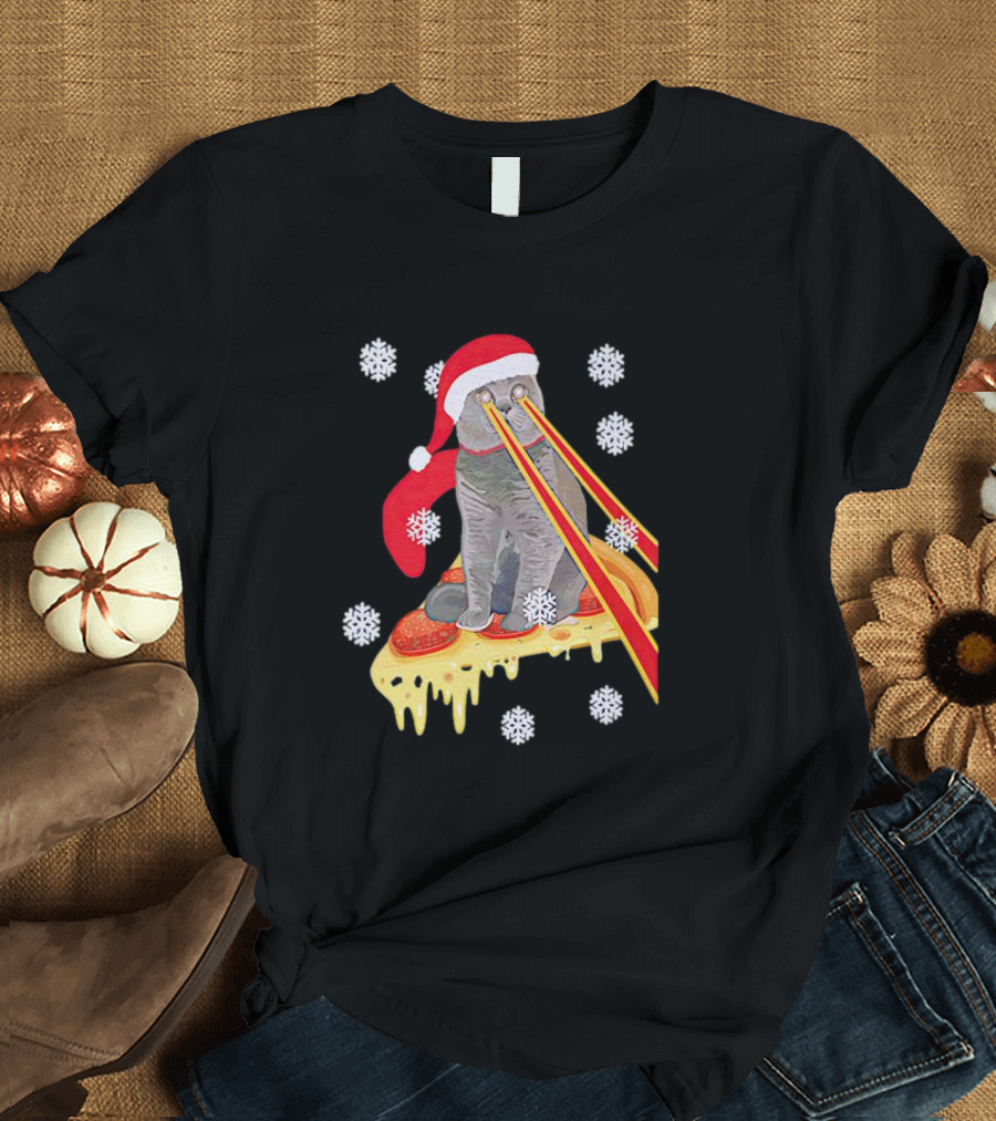 Santa Cat with Laser Eyes on Cheesy Pizza Snowflakes T-Shirt