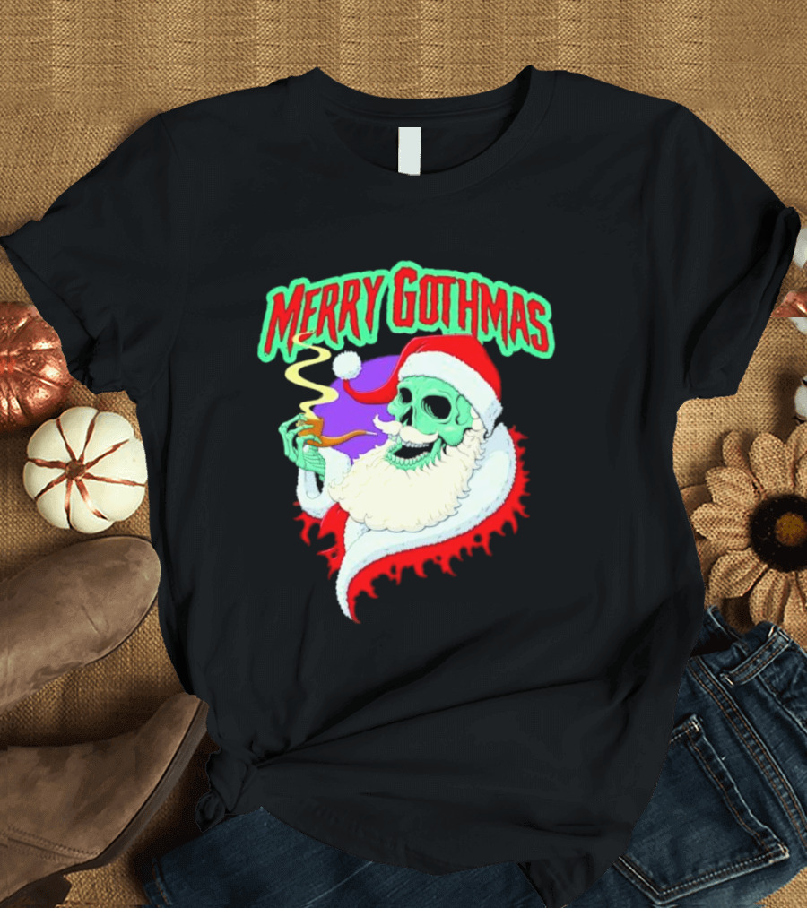 Merry Gothmas Skull Santa Smoking Holiday Greeting T-Shirt