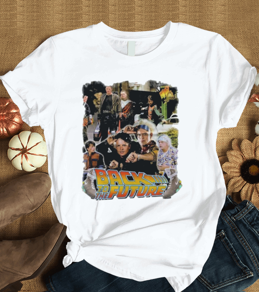 Back to the Future Movie Collage Iconic Characters and Scenes T-Shirt