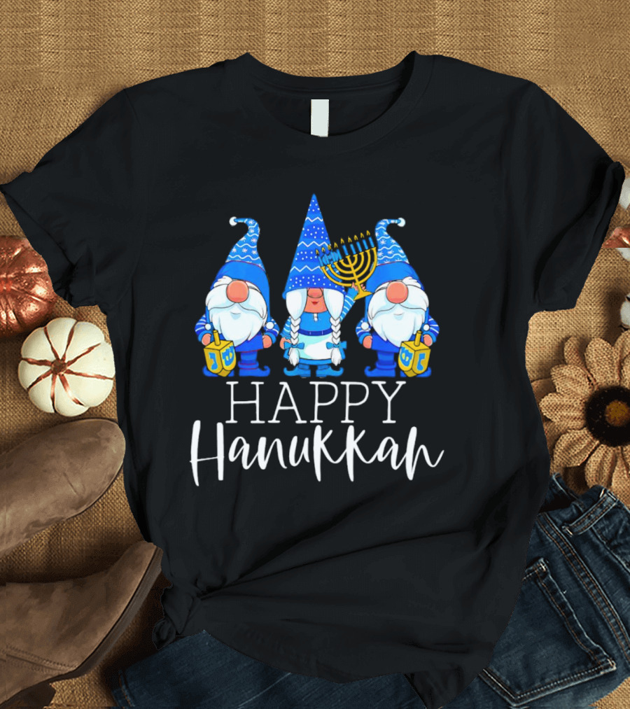Gnomes Celebrating Hanukkah with Menorah and Dreidel T-Shirt