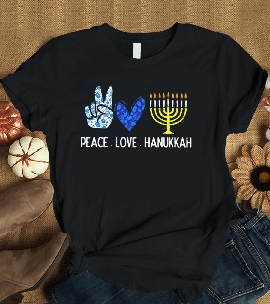 Peace Love Hanukkah Menorah Symbol Blue T-Shirt