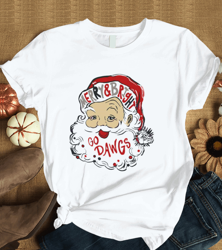 Merry and Bright Santa Claus Go Dawgs Georgia Bulldogs Christmas T-Shirt