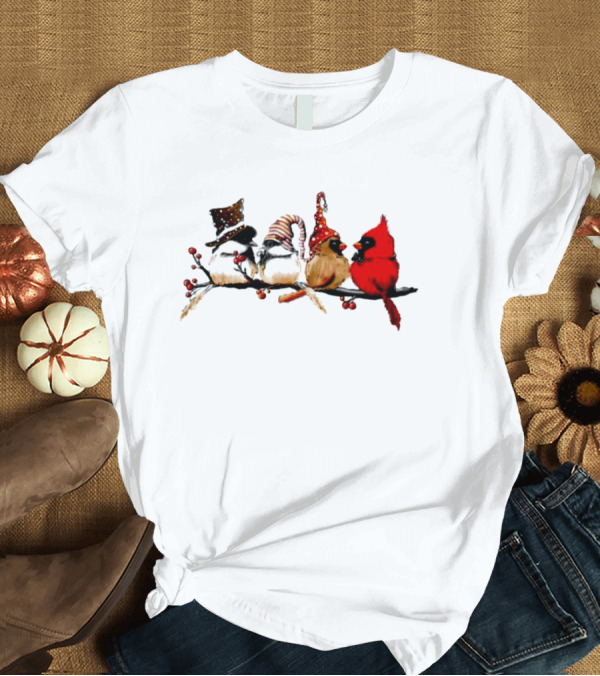 T-Shirt: Cardinals and Chickadees on Festive Branch Merry Christmas T-Shirt Cardinals and Chickadees on Festive Branch Merry Christmas T-Shirt