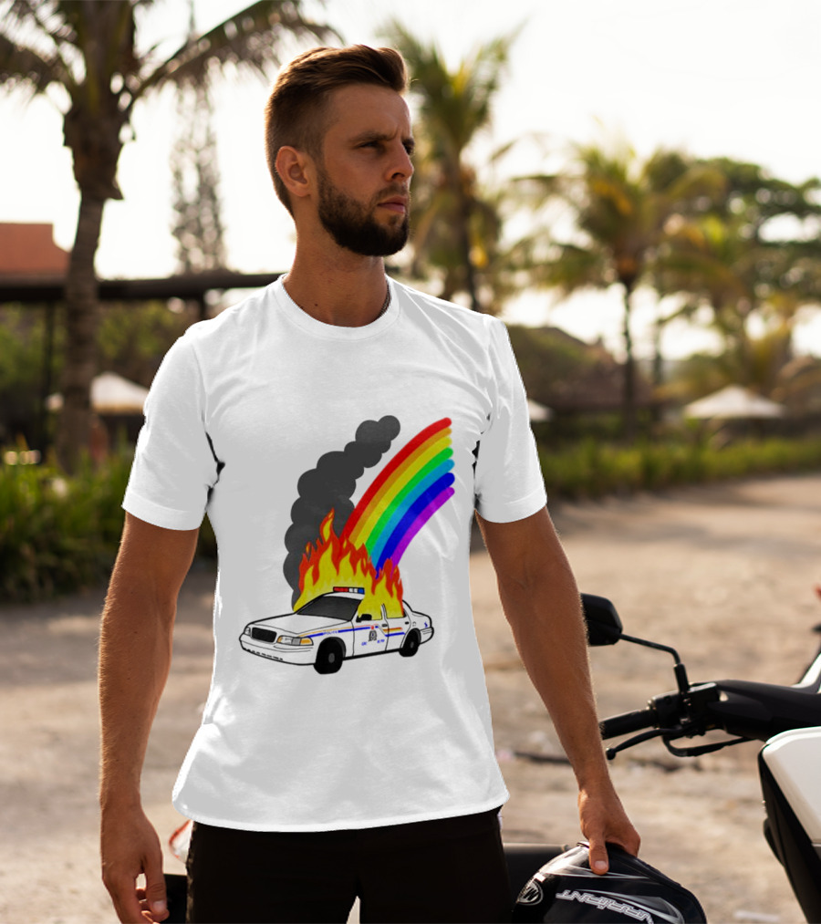 Police Car On Fire With Rainbow Flames T-Shirt