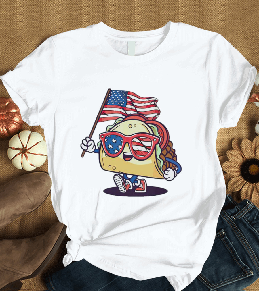 Taco American Flag 4th of July Celebration with Sunglasses and Sneakers T-Shirt