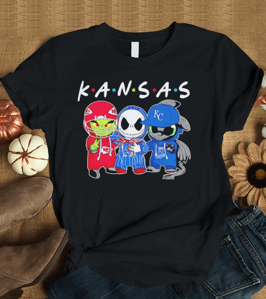 KANSAS Sports Characters Grinch Jack Skellington Toothless Chiefs Royals Jayhawks T-Shirt