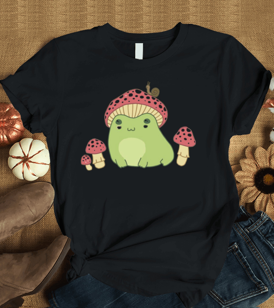 Kawaii Frog Wearing Mushroom Hat with Snail and Red Mushrooms T-Shirt
