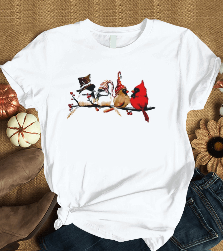 Cardinals Chickadees Christmas Birds on Branch with Festive Hats T-Shirt