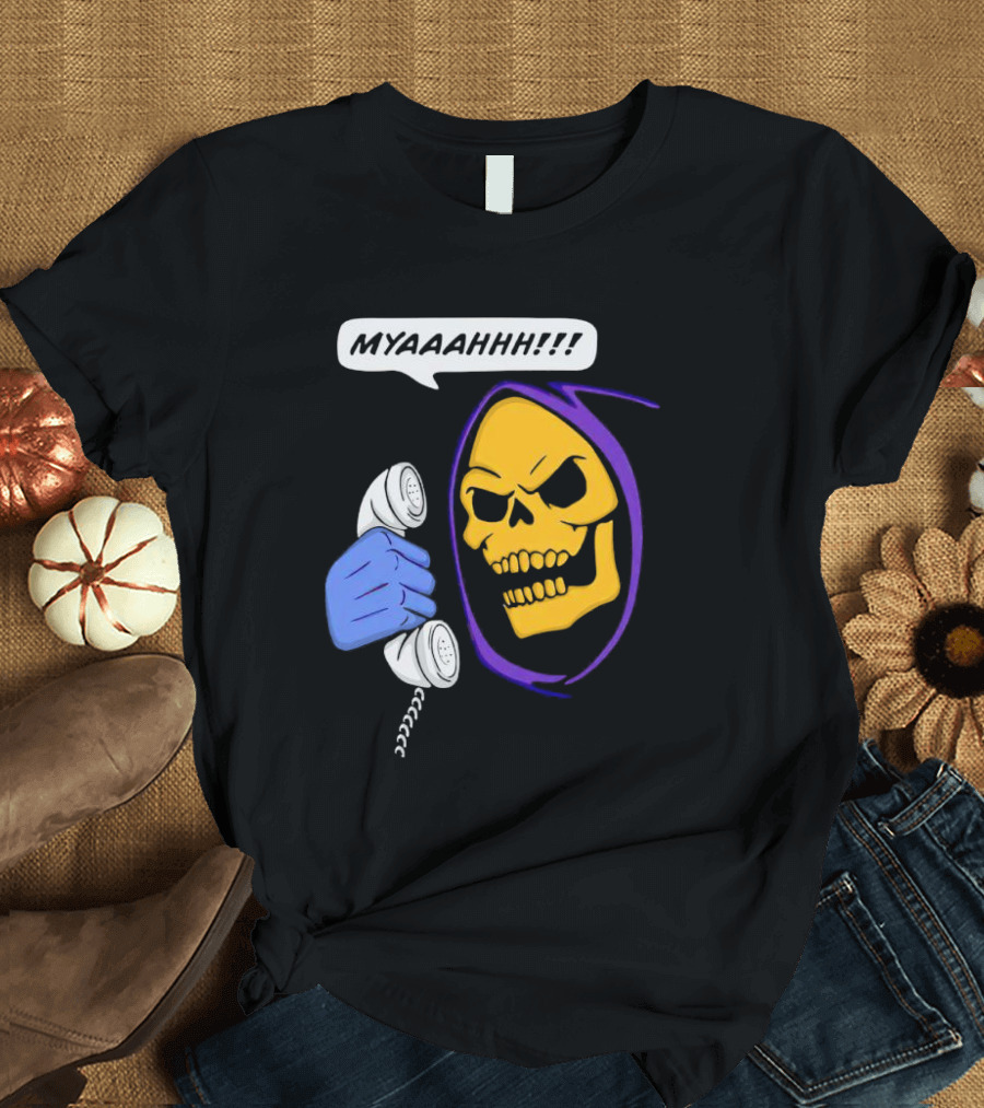Skeletor Myahhh Phone Call Retro Villain Humor T-Shirt